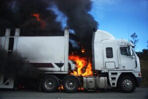 Truck on fire while on the road.