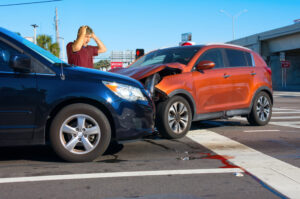 Car crashes in intersection.