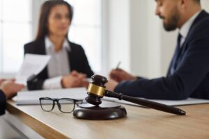 Female attorney talking with the client on the case.