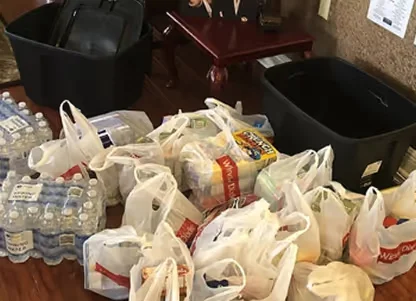 Plastic bags filled with groceries and bottled water placed on a wooden floor next to large black storage bins.