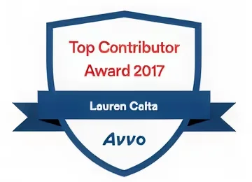 Shield styled badge with text 'Top Contributor Award 2017', the name 'Louren Calta' on a dark blue ribbon, and 'Avvo' at the bottom.