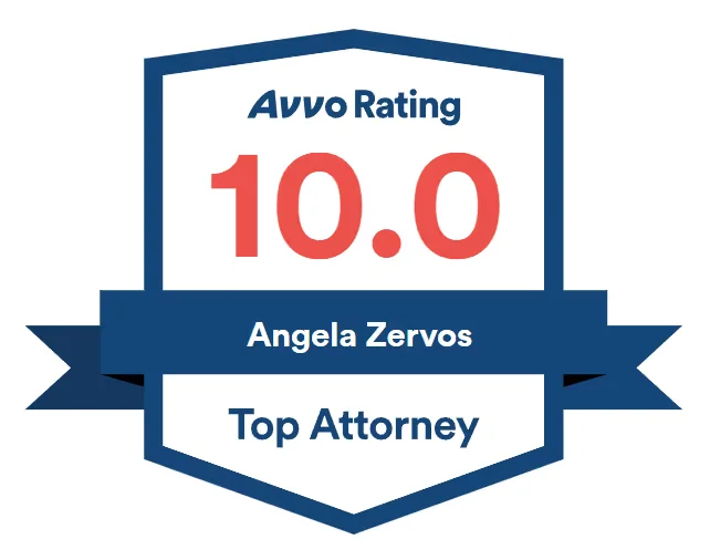 Badge showing Avvo rating 10.0 for Angela Zervos as Top Attorney.