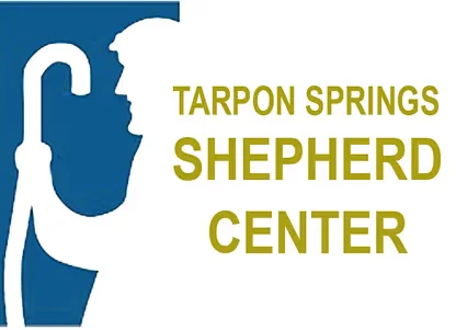 Logo of Tarpon Springs Shepherd Center featuring a shepherd holding a staff in blue and white, with the center's name in green text.