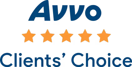 Avvo logo above five orange stars and the text Clients’ Choice. (small)