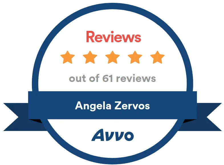 Badge showing 5-star reviews from 61 reviews for Angela Zervos on Avvo.