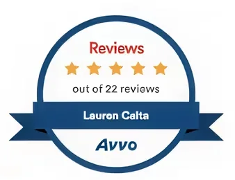 Circle badge showing five gold stars rating and text reading 'Reviews out of 22 reviews' with the name Lauron Celta and Avvo logo.