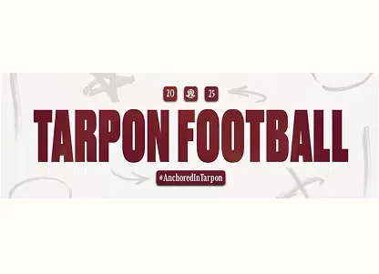 Banner with the text 'Tarpon Football' and the year 2025 above it, with light background showing football play diagrams.